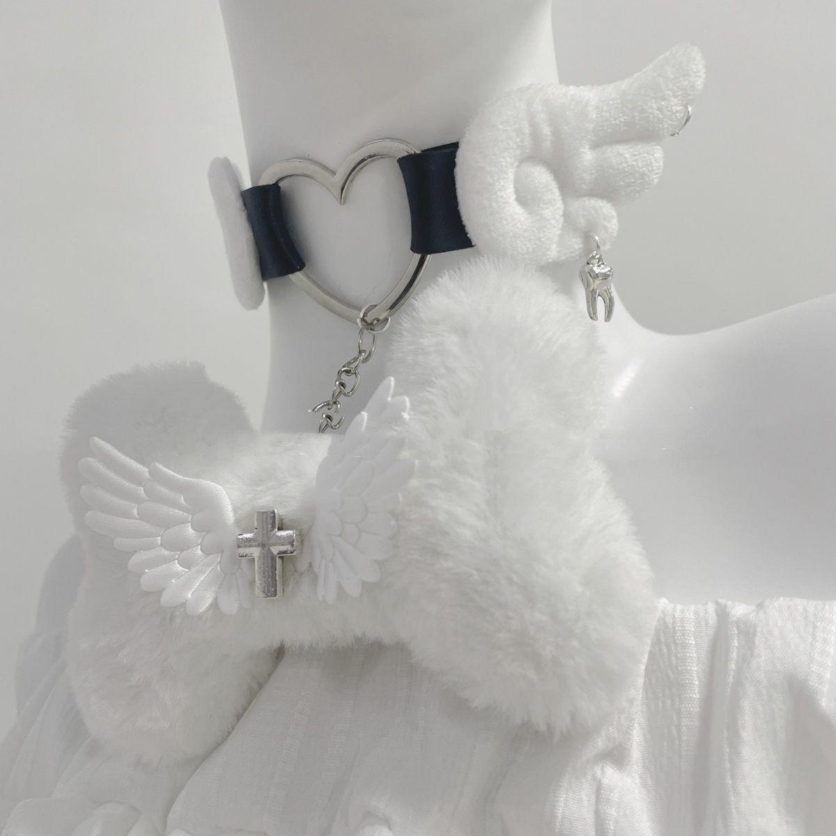 天使翅膀毛绒骨头choker项圈y2k亚文化黑白项链亚比风配饰