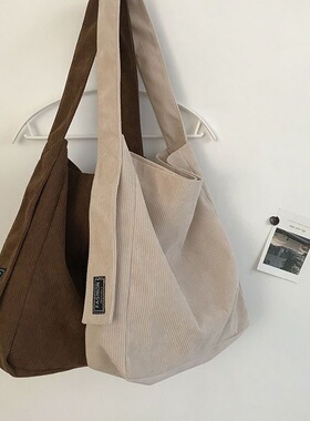 2023秋冬新款帆布包复古灯芯绒单肩包大容量学生上课包百搭斜挎包