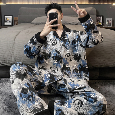 大尺码300斤空气棉睡衣男士秋冬季加厚纯棉夹层长袖可外穿家居服