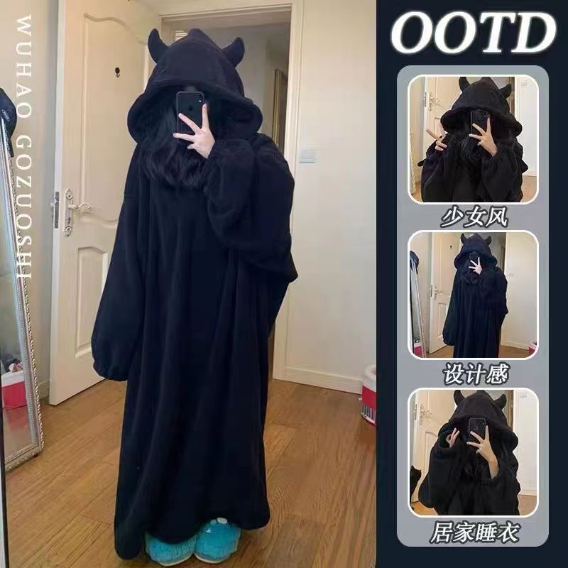 可爱小恶魔珊瑚绒ins风睡衣冬季连帽宽松连体长款睡裙加厚家居服
