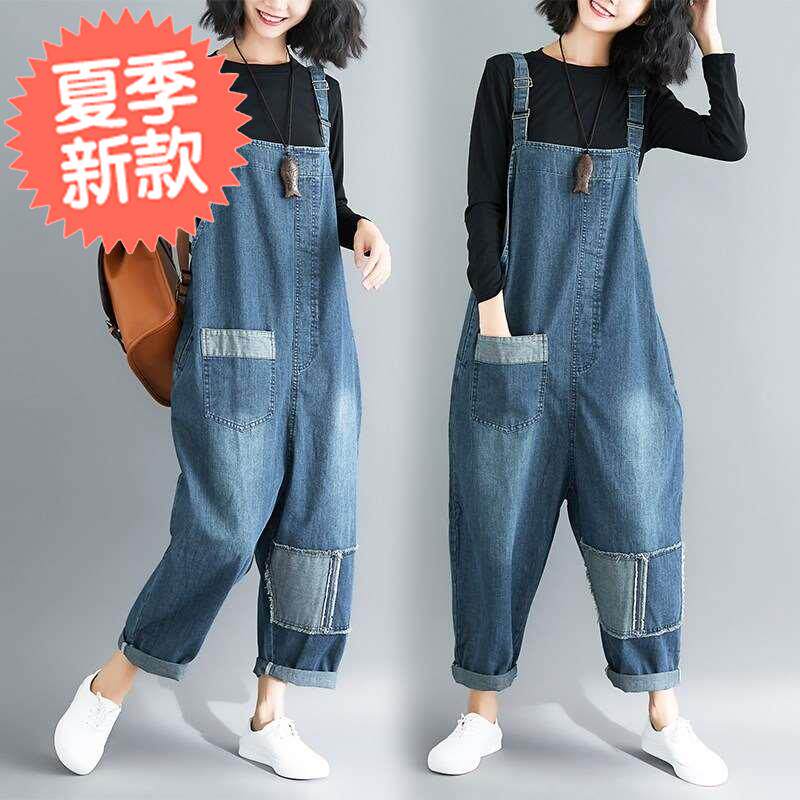 夏秋新款肩带大码文艺贴布做旧牛仔背带裤吊x裆宽松可调卷边连体|ruв категории Женская одежда, джинсы - от Buy2taobao.com для оказания профессиональной услуги покупки агента Taobao