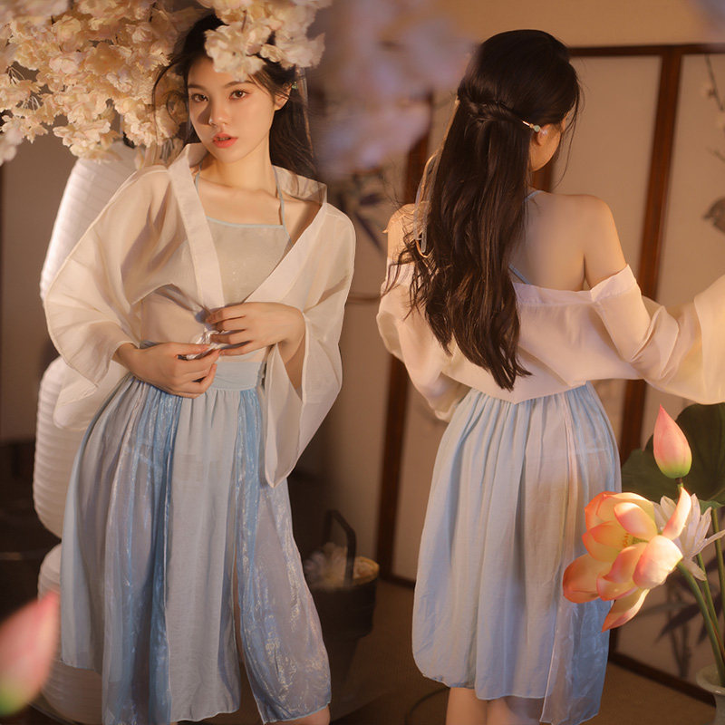 性感女式汉服睡衣和服家居古风长袖套装雪纺襦裙文艺复古私房睡裙