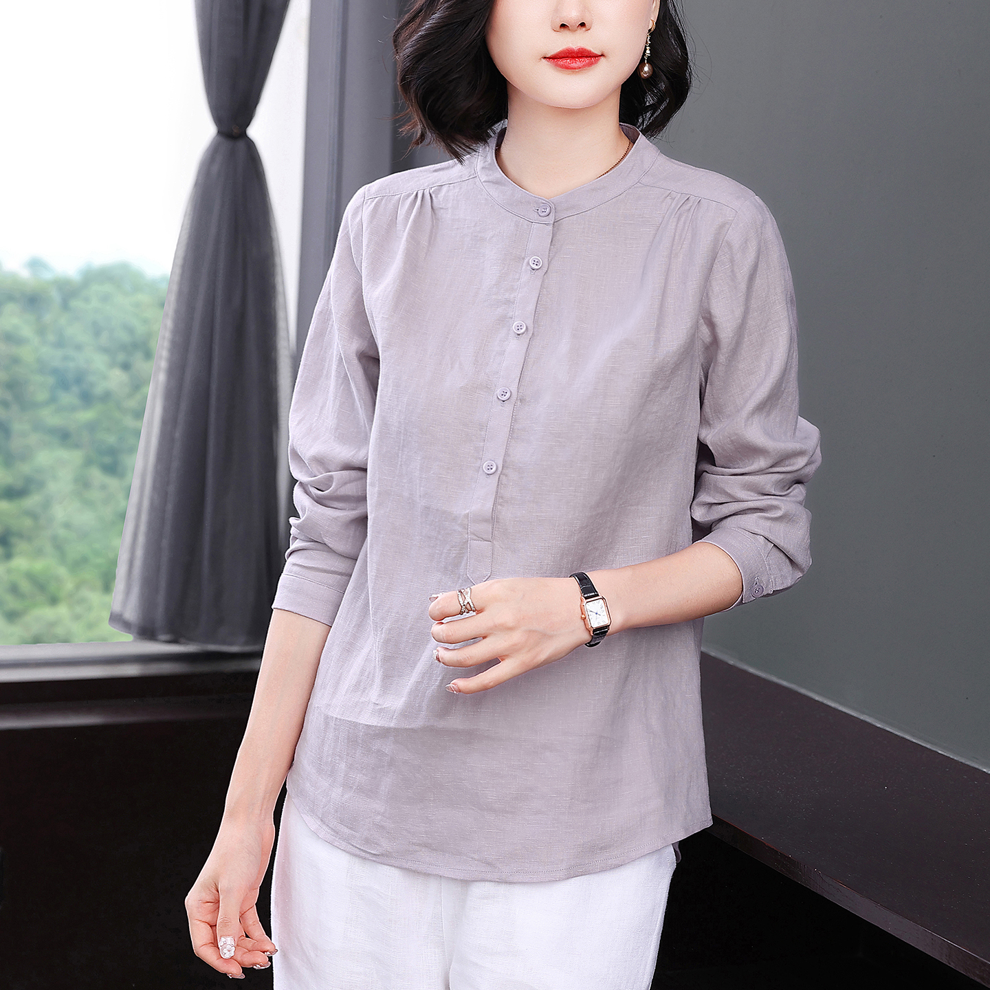 珂佐芙秋季新款亚麻上衣长袖衬衫