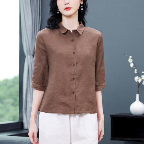 宽松文艺简约中袖亚麻衬衫