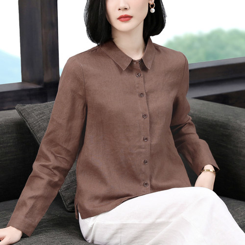 宽松文艺休闲长袖亚麻衬衣女