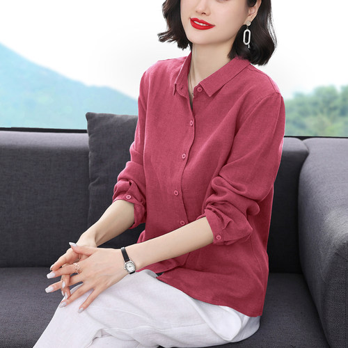 珂佐芙纯亚麻上衣女妈妈长袖衬衫