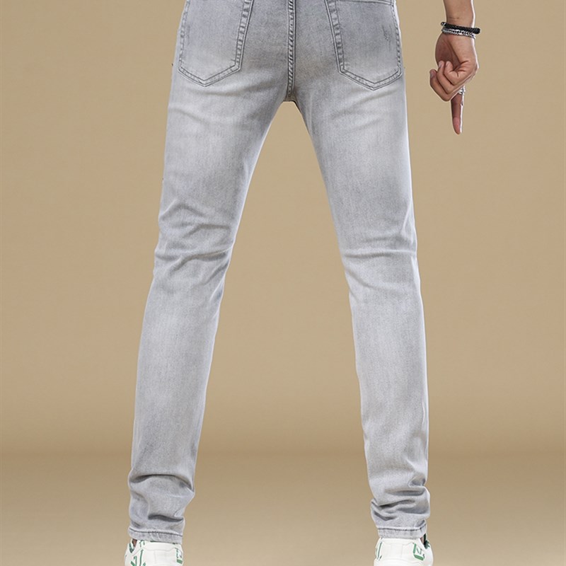 高端烫钻灰色牛仔裤男秋冬潮牌欧货时尚潮流弹力修身小脚男款长裤