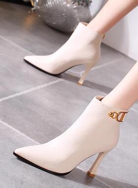 QVU~专柜品质！法式名媛高跟短靴女秋冬新款简约时尚百搭瘦瘦短靴