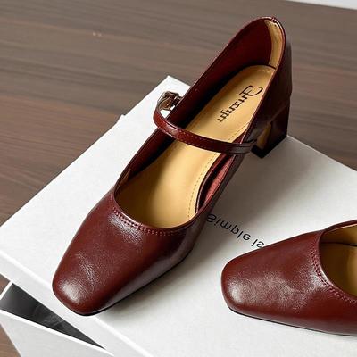 香港真皮气质复古小方头粗跟高跟鞋女安可拉红一字带扣玛丽珍单鞋