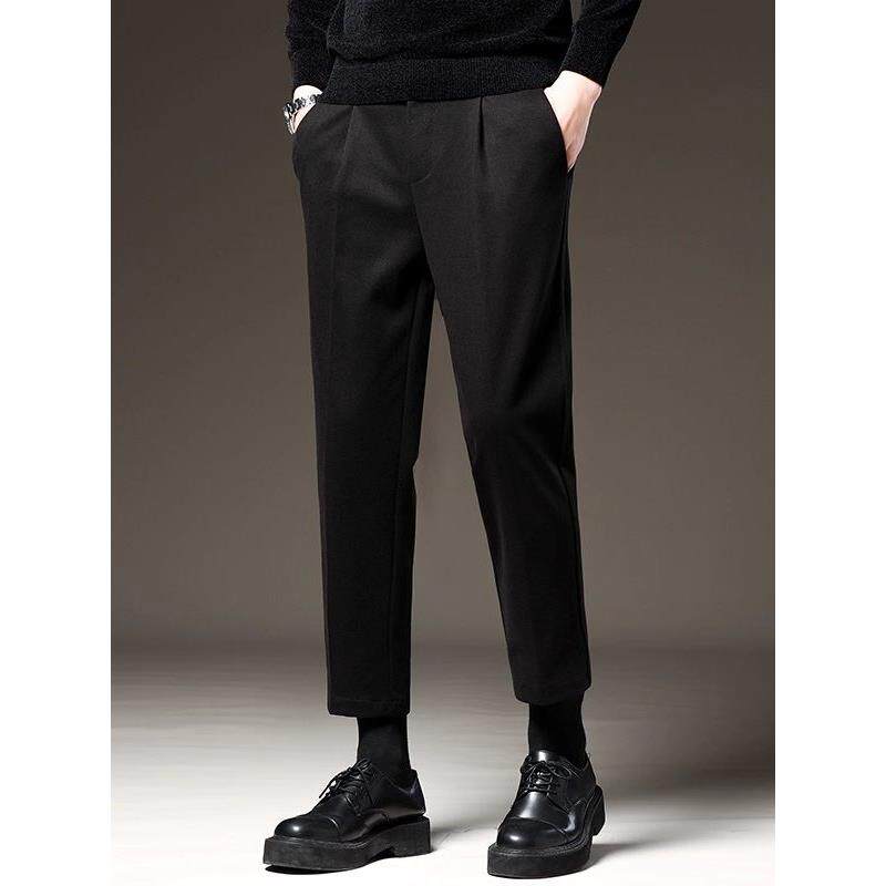 潮牌秋冬加厚保暖毛呢裤子男款直筒修身小脚休闲裤大码男款西裤子