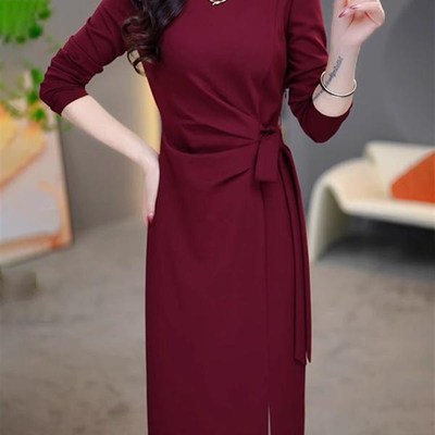 Ocnltiy长袖连衣裙女秋冬季长辈喜婆婆婚宴装妈妈礼服打底配大衣