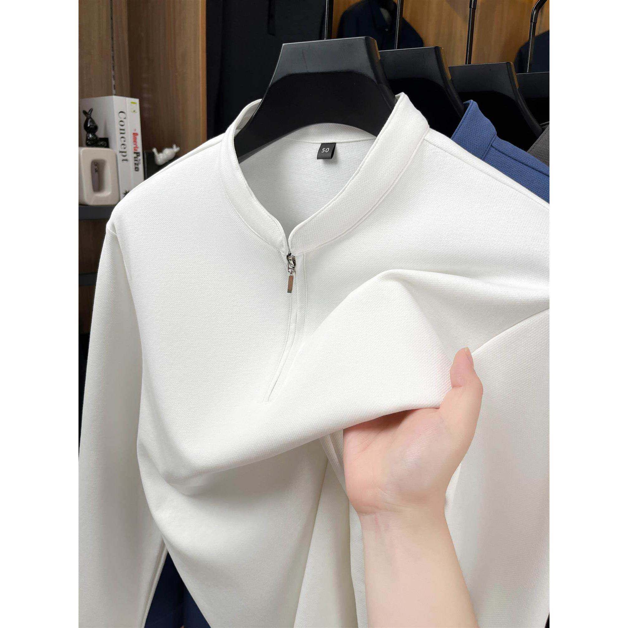 高级感立领纯棉长袖t恤男2025春秋新款潮流宽松半拉炼卫衣男上衣