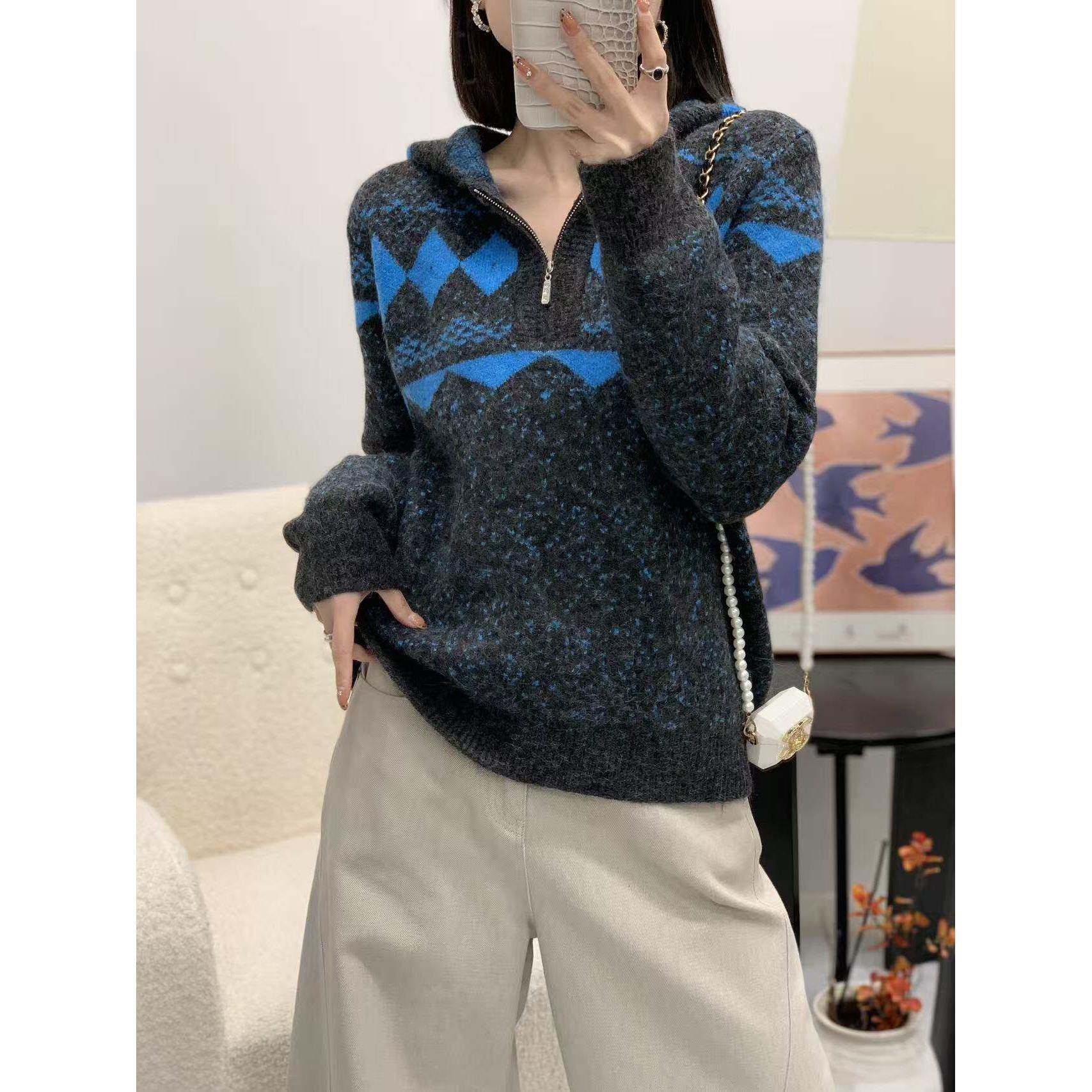 26春季连帽半拉链羊毛衫女蓝色点子纱针织帽衫宽松提花拼色打底衫