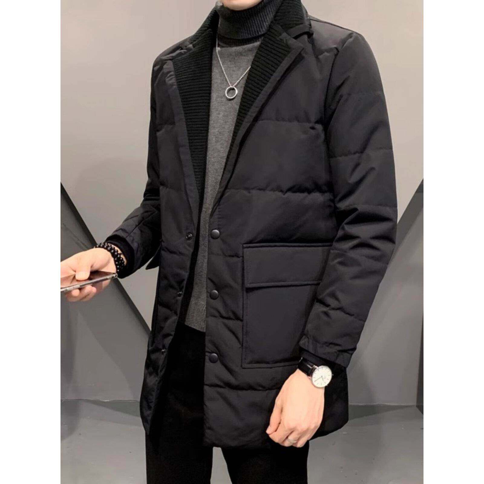 欧洲站西装领羽绒服男士秋冬新款大码韩版修身保暖中长款轻薄外套