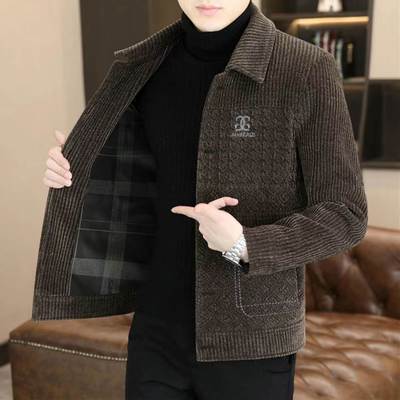 金貂绒外套男秋冬季翻领条纹刺绣毛呢大衣短款高端男士修身夹克潮