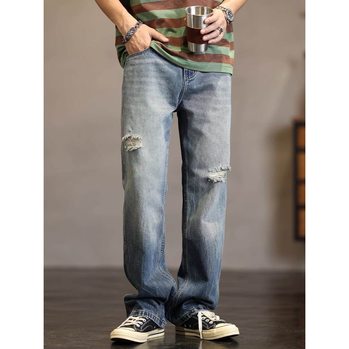 潮牌it neith BIAS美式复古破洞牛仔裤男春夏宽松休闲直筒裤锥形