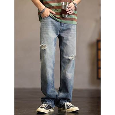 潮牌it neith BIAS美式复古破洞牛仔裤男春夏宽松休闲直筒裤锥形