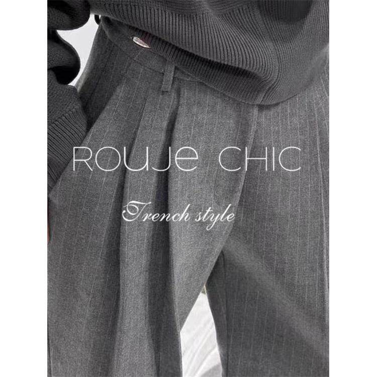 法国rouje chic秋季法式高级感灰色条纹高腰宽松西装直筒阔腿裤女