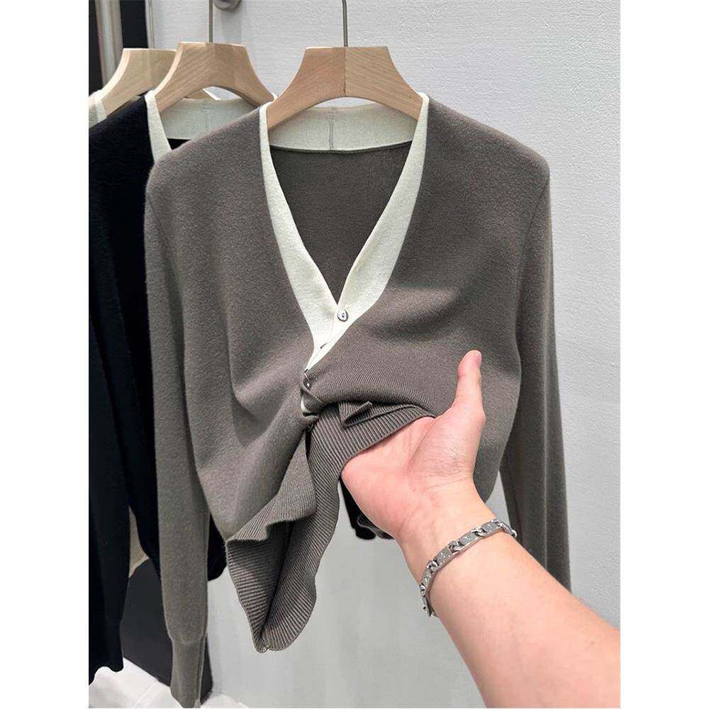 欧货2025春秋新款撞色针织衫女V领长袖设计感假两件薄款开衫外套