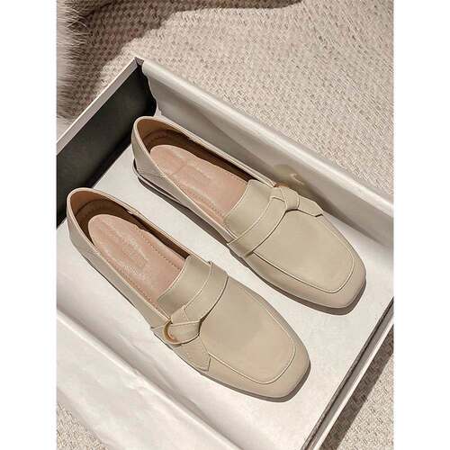 Loafers女士2025新款滑上小皮鞋方头通勤平底鞋真皮高品质法国鞋