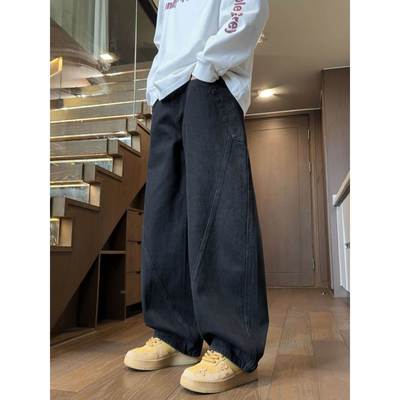 潮牌黑色工装牛仔裤男款春秋美式高街新款宽松直筒阔腿男士长裤子