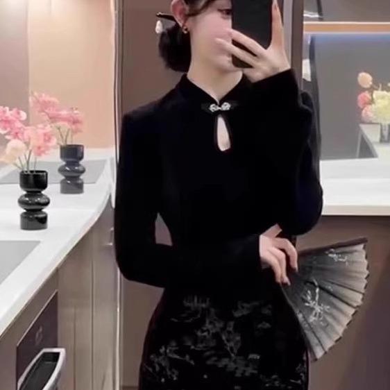 欧洲站2025秋季新款新中式国风女装黑色旗袍修身显瘦长袖连衣裙子