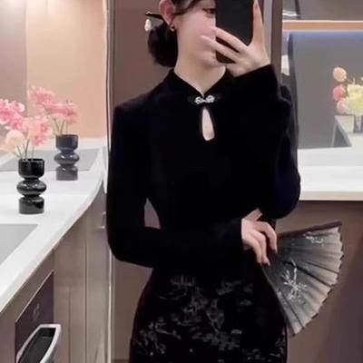 欧洲站2025秋季新款新中式国风女装黑色旗袍修身显瘦长袖连衣裙子