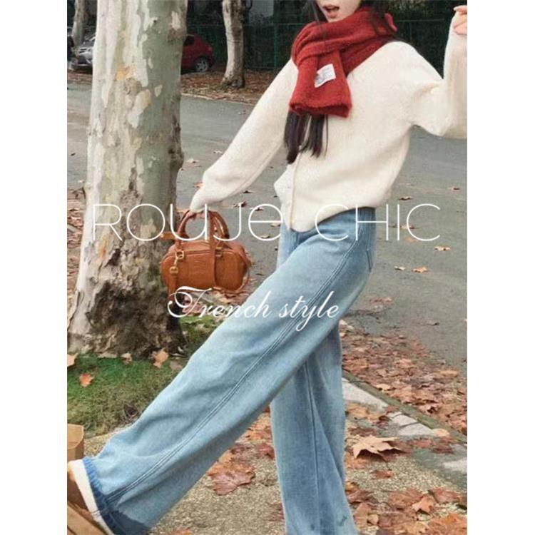 法国rouje chic秋冬季法式浅色加绒直筒牛仔裤女a字高腰阔腿裤子