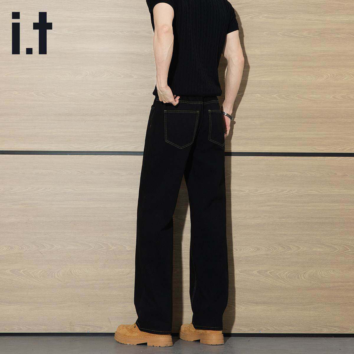 it izzue黑色牛仔长裤男士宽松阔腿潮流直筒休闲韩版显瘦春夏新品