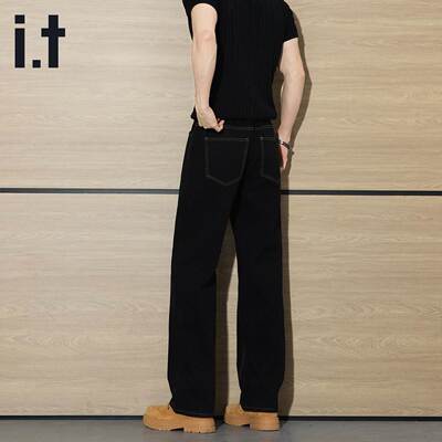 it izzue黑色牛仔长裤男士宽松阔腿潮流直筒休闲韩版显瘦春夏新品