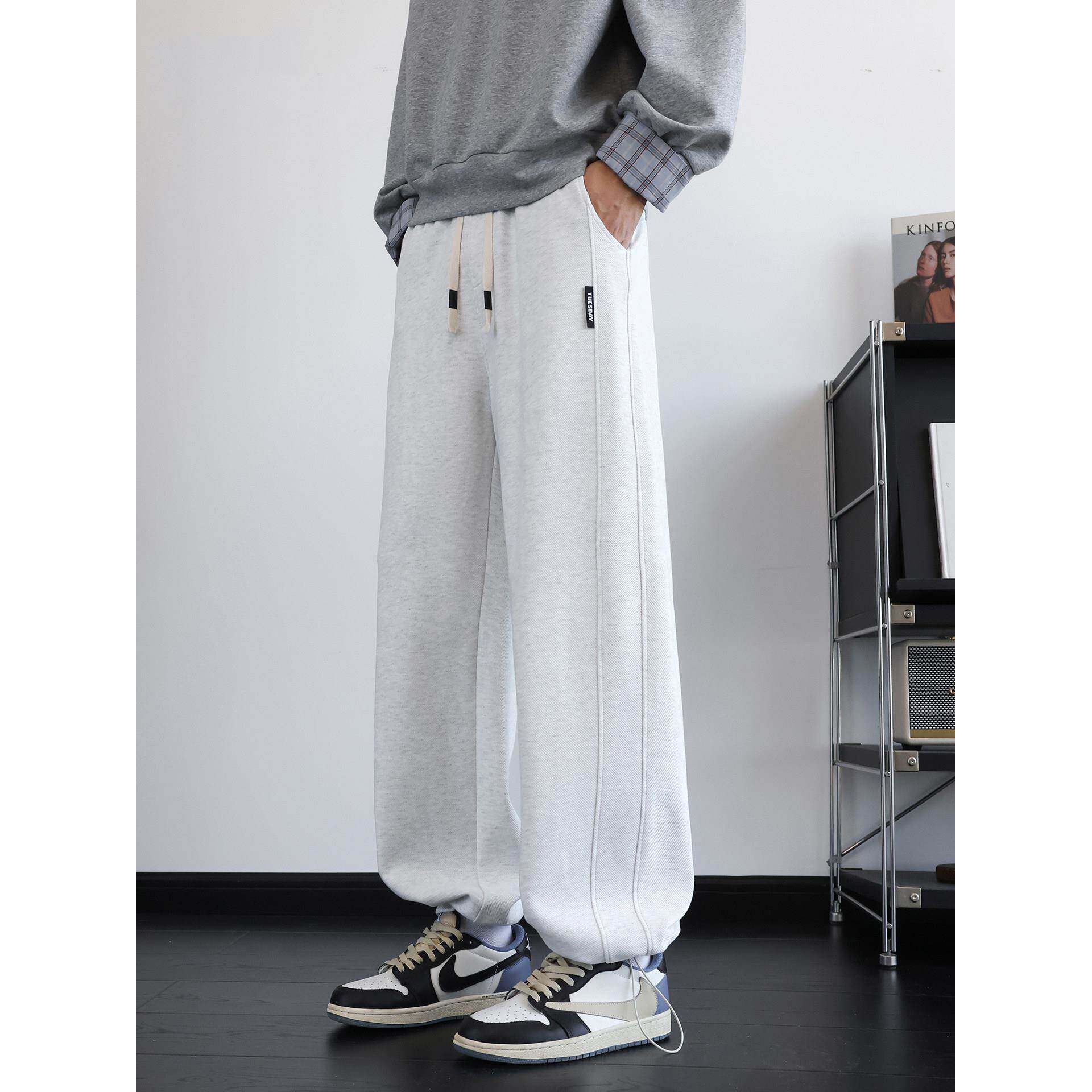 美式潮流直筒抽绳裤子男款运动裤秋冬加绒卫裤阔腿宽松拼接休闲裤