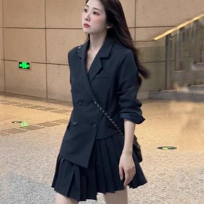 2025新款高端百褶西装连衣裙秋季胖mm显瘦韩版黑色西服裙大码女装