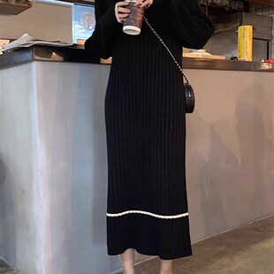 过膝内搭打底毛衣裙黑色针织连衣裙女秋冬 长款 女装 2023新款
