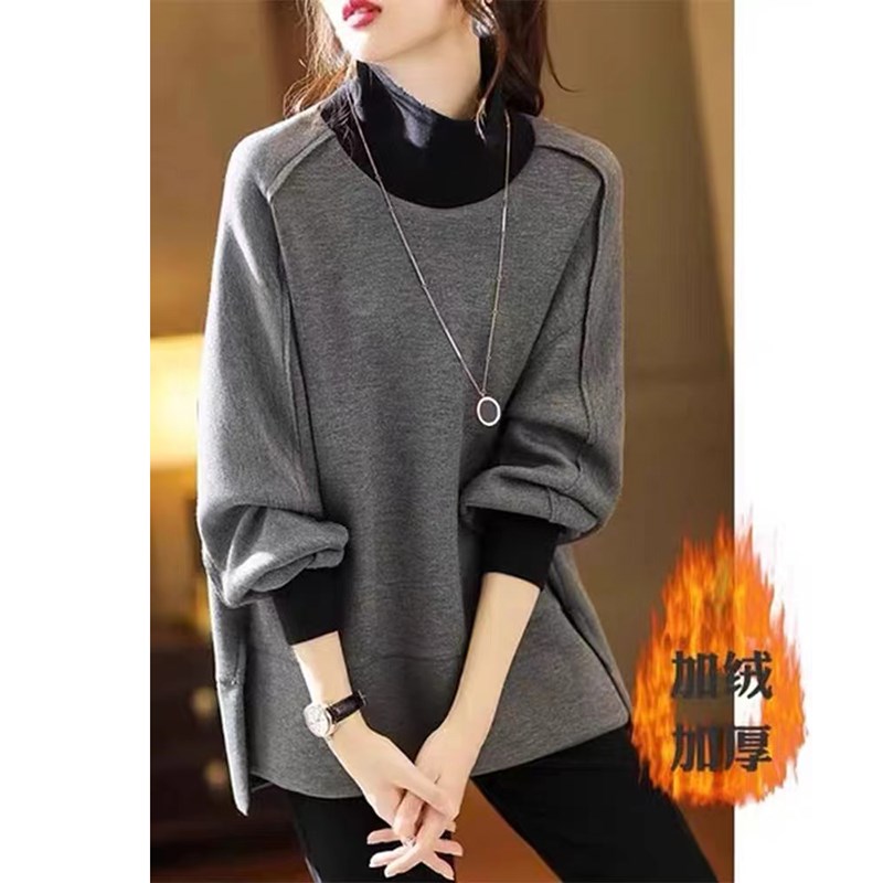 加绒加厚撞色高领卫衣女秋冬季新款时尚洋气减龄宽松显瘦休闲上衣