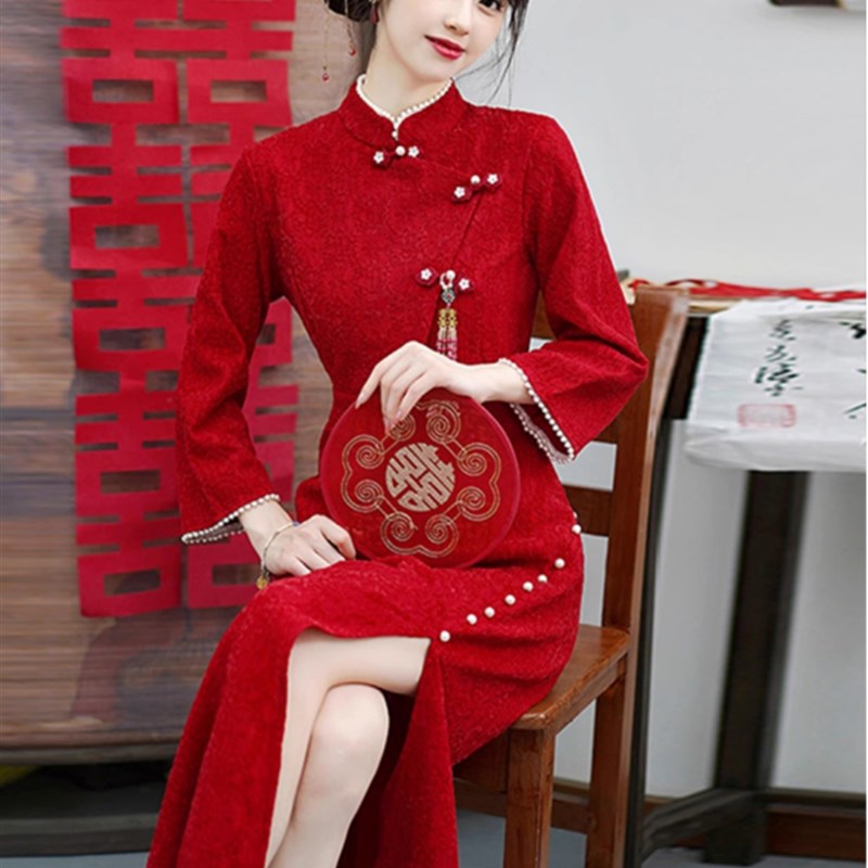 Ocnltiy红色敬酒服旗袍女秋冬新款高级感中式结婚长袖礼服连衣裙