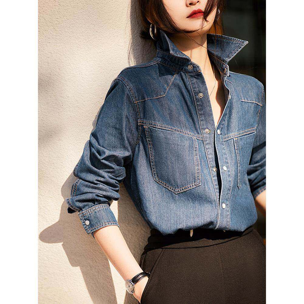 香港Timo深蓝色小牛仔衬衫女式覆古水洗休闲衬衫秋冬春季分层夹克