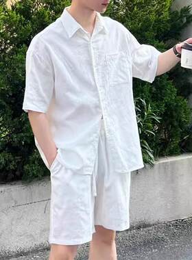 Upscale潮人 老钱风白色亚麻防晒短袖衬衫套装男士夏日穿搭棉麻上