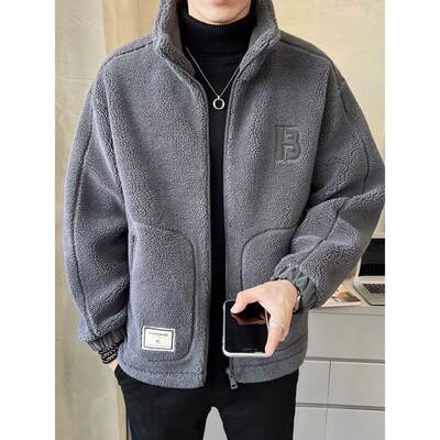 潮牌字母羊羔毛外套男秋冬季2025新款皮毛一体男装颗粒绒加厚夹克