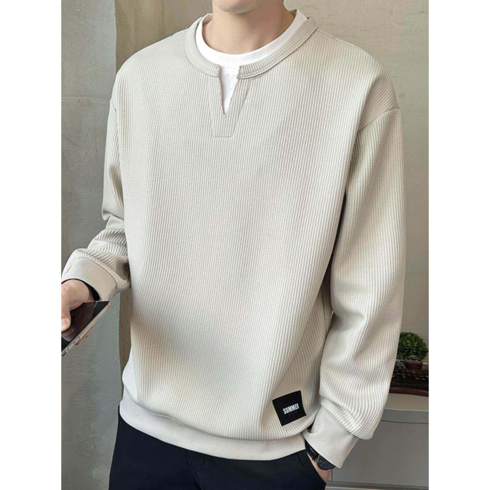 高级感假两件长袖t恤男士春秋打底简约纯色宽松卫衣男款休闲上衣