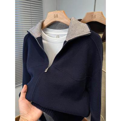 大翻领开衫男针织衫韩版宽松秋冬季休闲潮牌撞色加厚毛衣外套男款