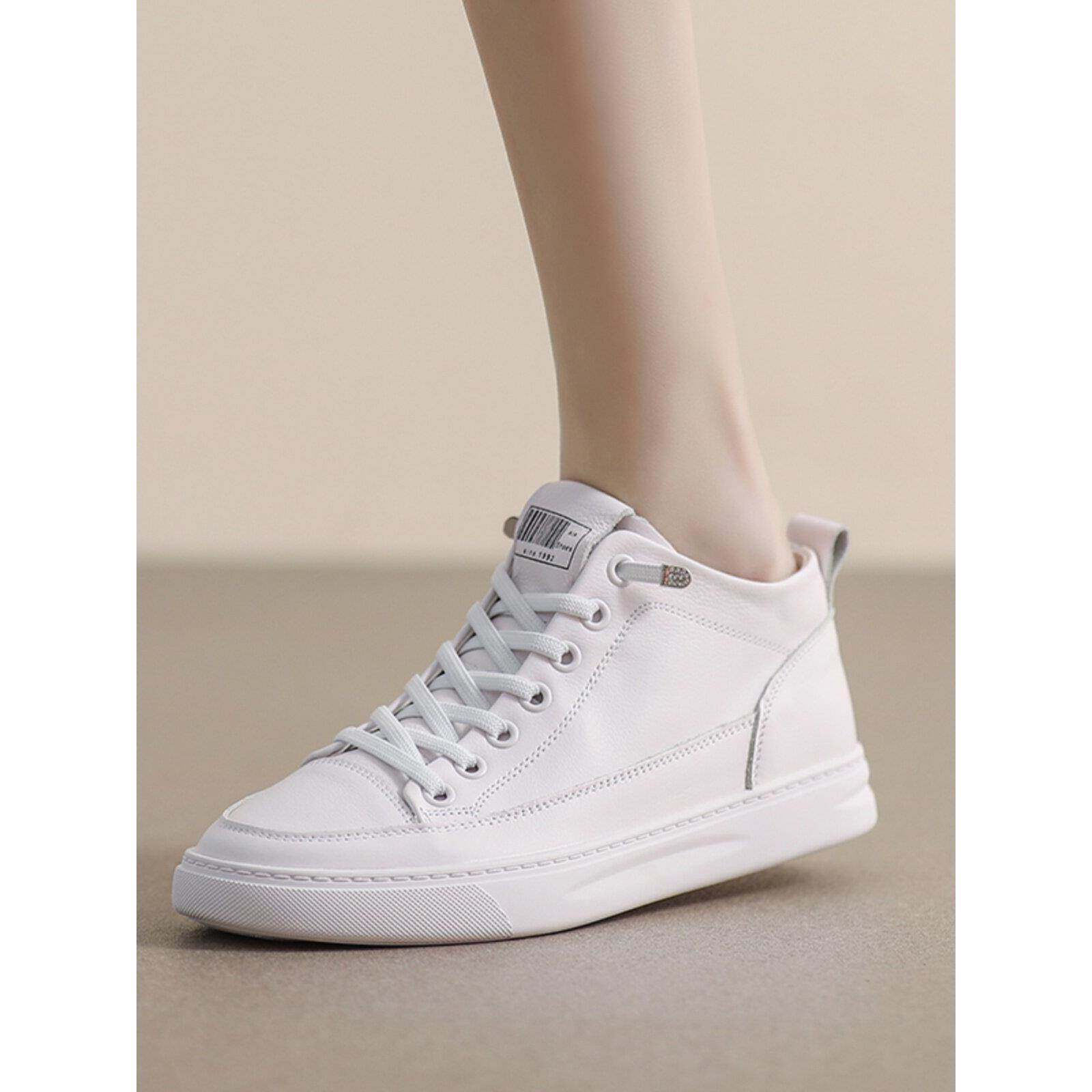 港风轻奢新款~真皮高帮小白鞋女2025春秋厚底内增高百搭休闲板鞋