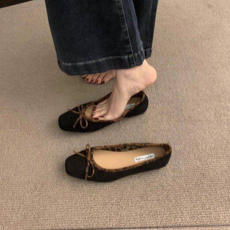 奥莉公主~ITSK单鞋女蝴蝶结浅口法式低跟复古绒面芭蕾舞鞋瓢鞋