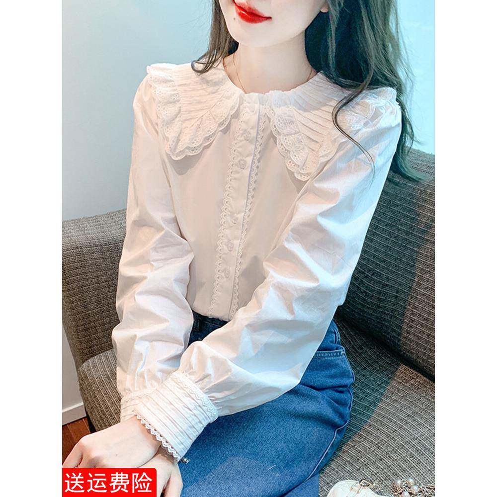 香港TIMO春季新款韩版娃娃领荷叶边雪纺衬衫女秋甜美长袖上衣小衫