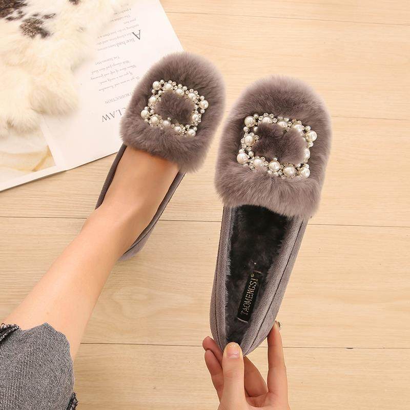 潮牌2024冬季网红豆豆鞋女加绒平底毛毛鞋外穿孕妇一脚蹬大尺码女