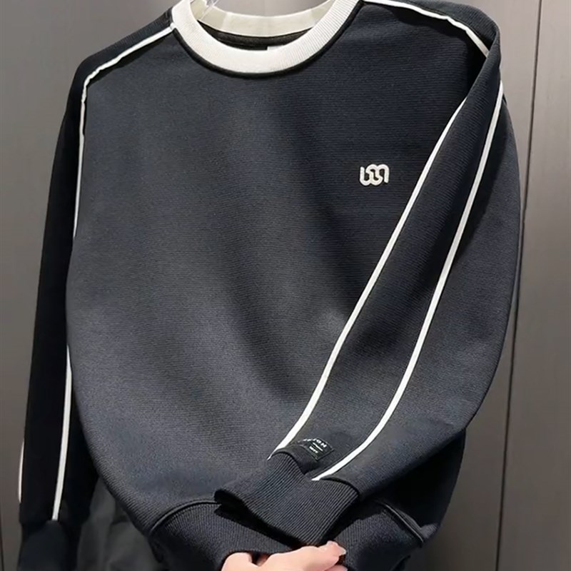 MAROLIO~彰显时尚气息!韩版休闲圆领卫衣男潮流刺绣拼接套头上衣