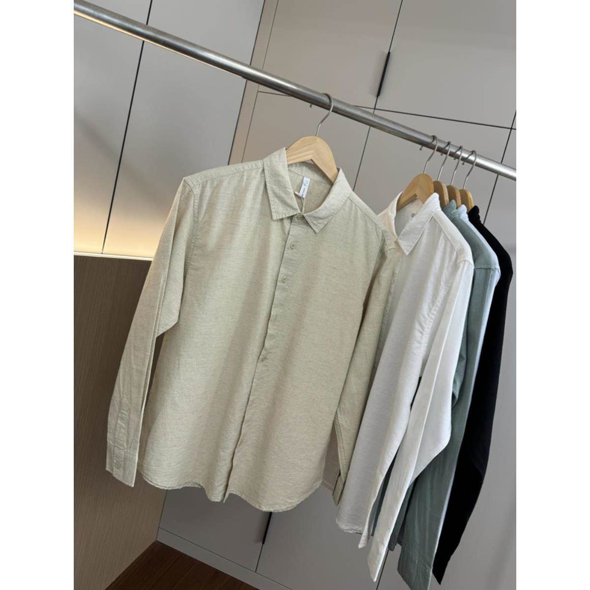 Mostarsea~休闲百搭高端棉麻长袖男秋季清爽透气简约纯色翻领衬衫