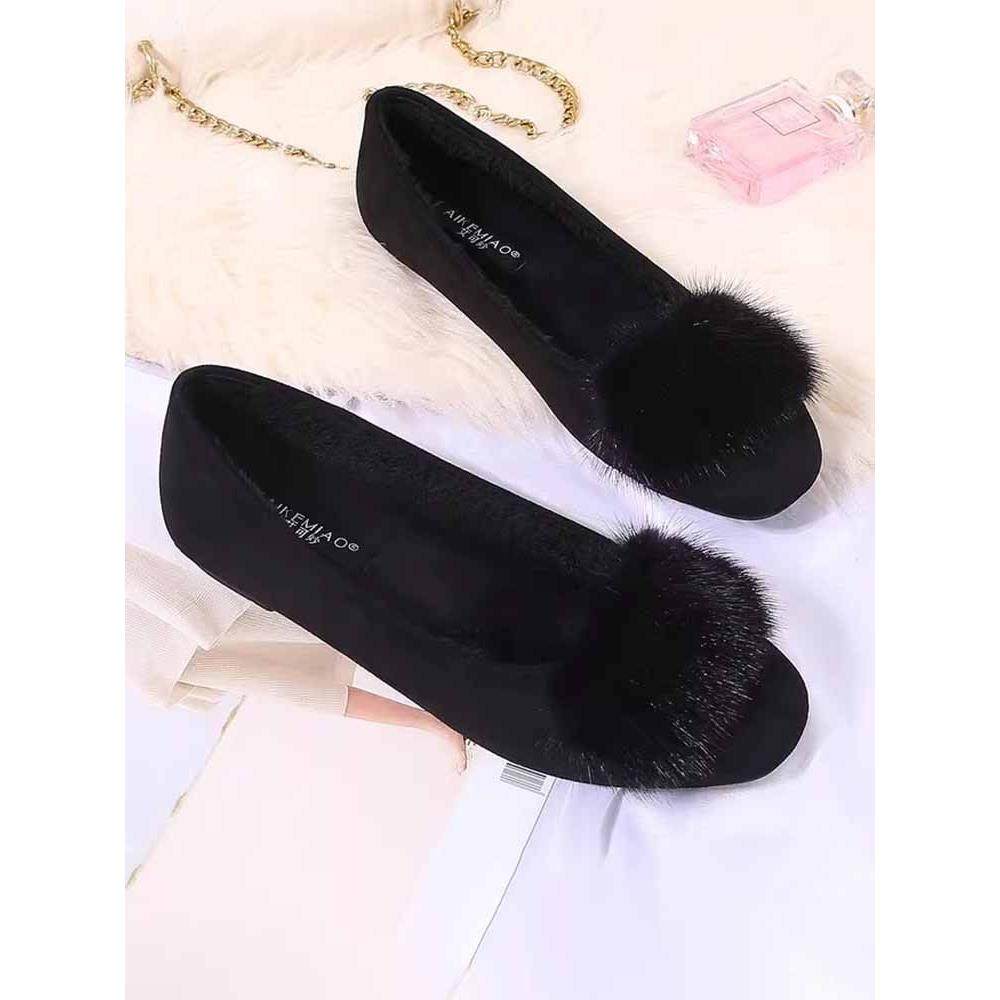 香港真皮水貂毛豆豆鞋女平底大码女鞋单鞋秋冬外穿加绒黑色毛毛鞋