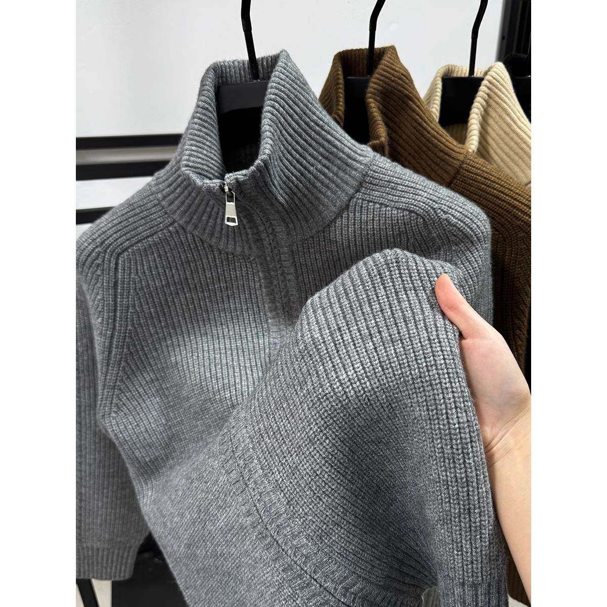 潮牌可翻高领双拉炼毛衣外套男冬季加厚高端潮流立领休闲针织开衫