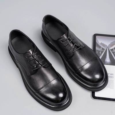 潮牌2025秋季新款商务皮鞋新郎系带德比鞋真皮英伦男士黑色正装鞋