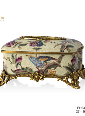 凤凰美居新品欧式铜配瓷彩绘花鸟纸巾盒盖罐玄关大花盆装饰摆件